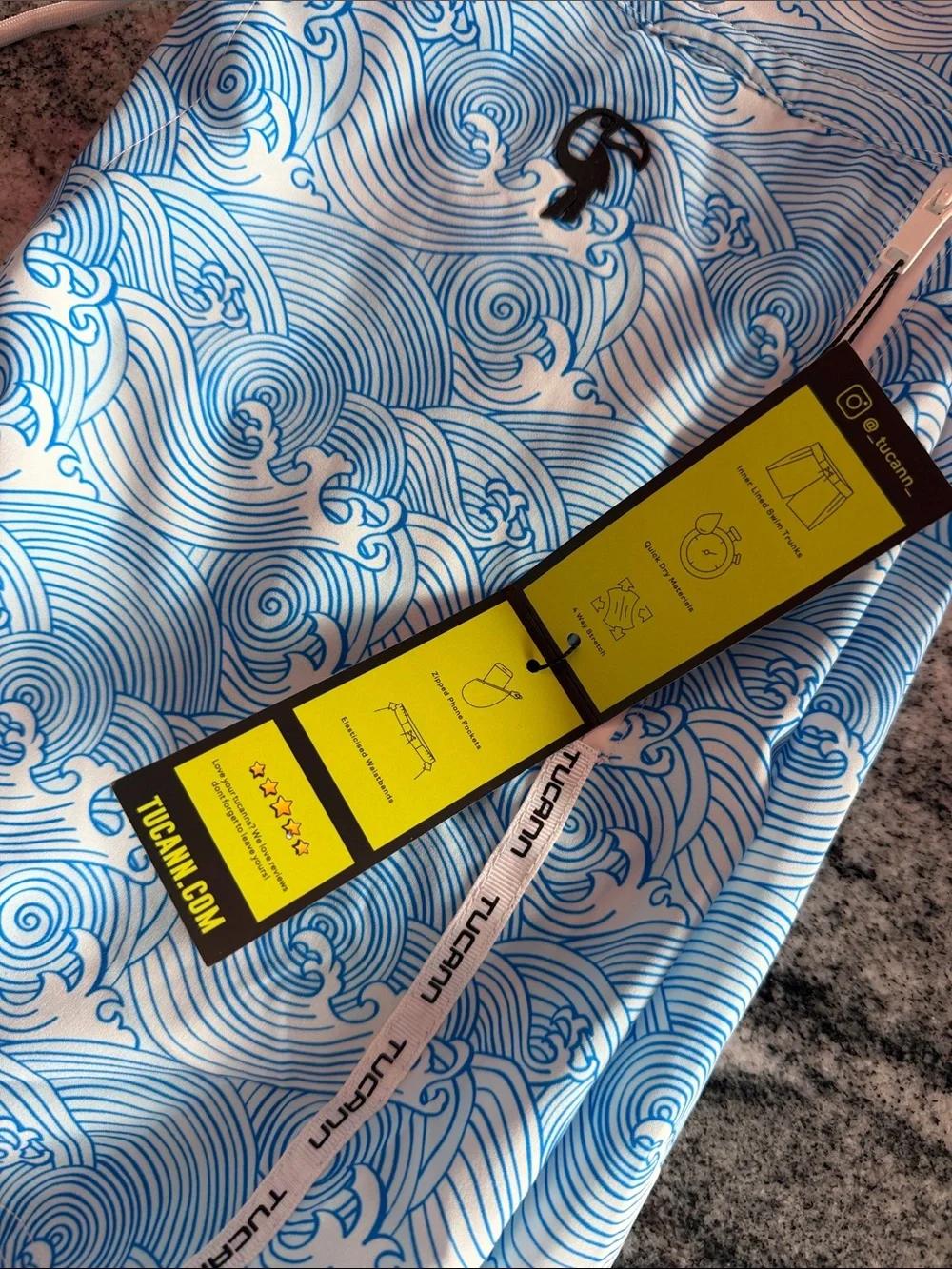 Men's Compression lined blue Make Waves 5” inseam Swim Trunks by Tucann NWT!